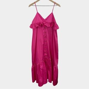 Kika Vargas NWOT Hot Pink Button Front Ruffle Trim Long Dress with Pockets
